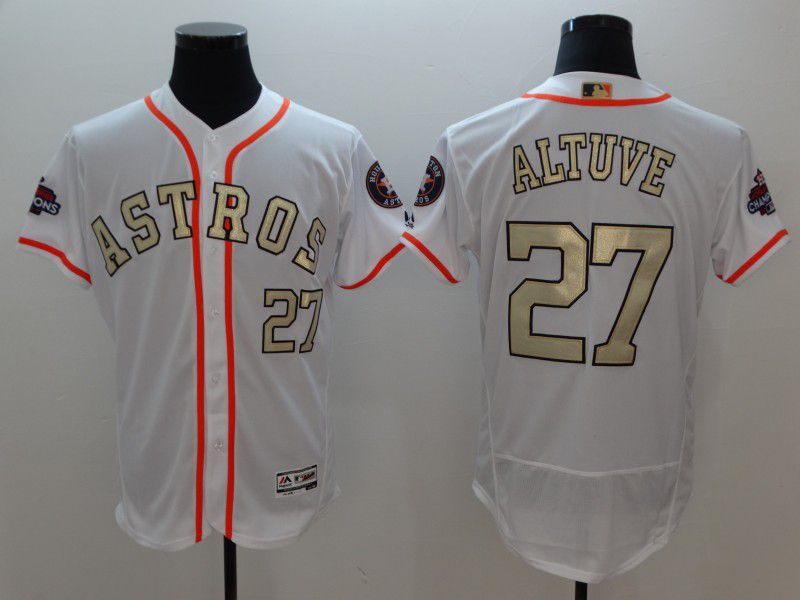 Men Houston Astros 27 Altuve White Gold version Elite MLB Jerseys